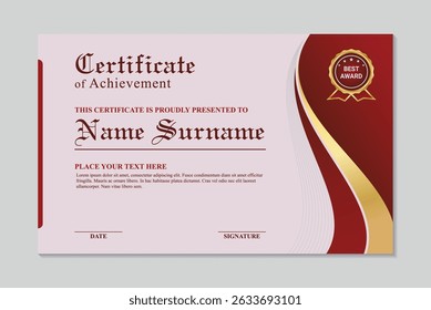 Simple red wave design achievement certificate template, modern creative certificate template design with golden color. vector illustration
