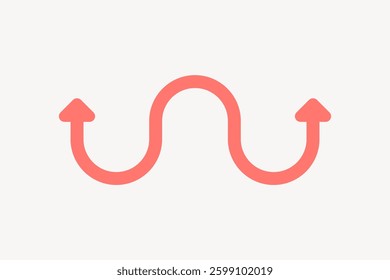 Simple red wavy arrow on a light background. The arrow curves smoothly, creating a wave-like pattern. Red design, wavy arrow, simple  illustration. Shape element vector.