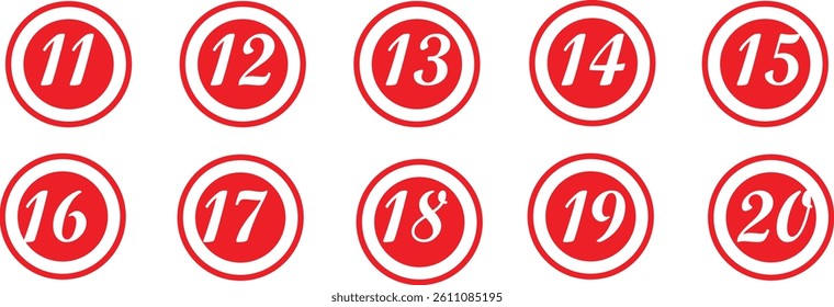 simple red white color bullet points number set from 11 to 20 simple flat style a number of numbers that are in a circle a number on a white background with red circle numbers 11 to 20 in red circles