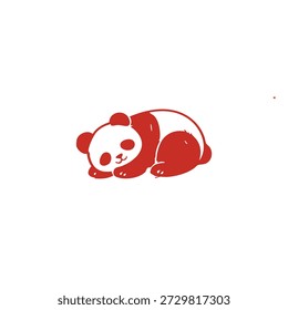 A simple red and white drawing of a panda lying down.
