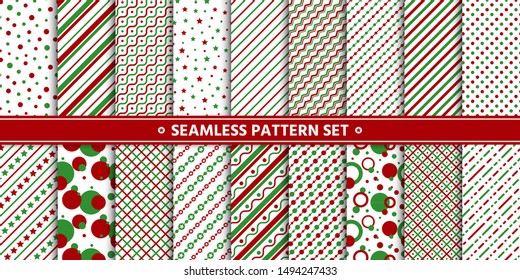 Sencillo conjunto de patrones impecables de color verde rojo. Antecedentes de la temporada navideña de invierno. Línea, tira, círculo, ornamento de repetición de estrella. Revestimientos de papel, impresión de tela, decoración de papel pintado. Ilustración vectorial plana