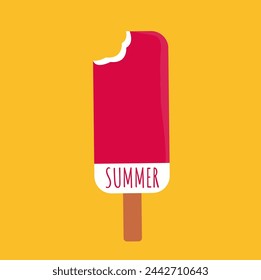 simple red and white like strawberry and vanilla bitten popsicle vector flat design on a stick. eat refreshing frozen ice cream with sweet summer text holiday on yellow hot background illustration art