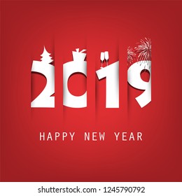  Simple Red and White New Year Card, Cover or Background Design Template With Christmas Tree, Gift Box, Drinking Glasses And Fireworks Icons - 2019