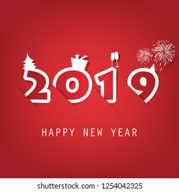 Simple Red and White New Year Card, Cover or Background Design Template With Christmas Tree, Gift Box, Drinking Glasses And Fireworks Icons - 2019 
