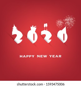 Simple Red and White New Year Card, Cover or Background Design Template With Christmas Tree, Gift Box, Drinking Glasses And Fireworks Icons - 2020