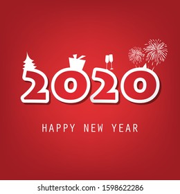 Simple Red and White New Year Card, Cover or Background Design Template With Christmas Tree, Gift Box, Drinking Glasses And Fireworks Icons - 2020