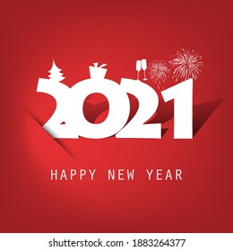 Einfache rote und weiße Silvester-Karte, Cover- oder Hintergrunddesign-Vorlage mit Weihnachtsbaum, Geschenkbox, Trinkgläser und Fireworks-Symbolen - 2021
