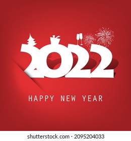Simple Red and White New Year Card, Cover or Background Design Template With Christmas Tree, Gift Box, Drinking Glasses And Fireworks Symbols - 2022
