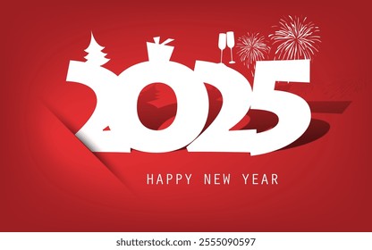 Simple Red and White New Year Card, Cover or Background Design Template With 3D Numerals, Christmas Tree, Gift Box, Drinking Glasses And Fireworks, Symbols of Year's End Holiday Events Progress - 2025