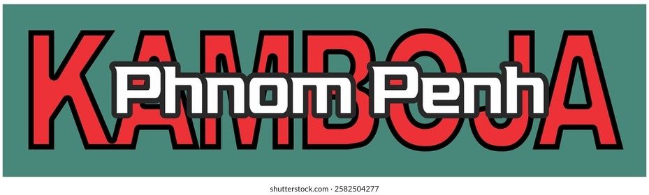Simple red and white PHONOM PENH KAMBOJA text vector, typography design, green background.
