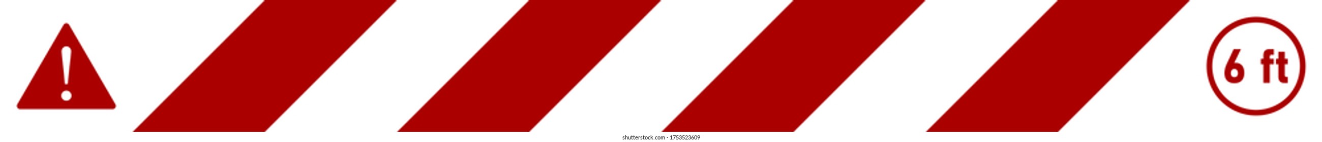 Simple Red and White Security Tape Floor Marking Adhesive Icon with Diagonal Stripes, Attention Sign, 6 ft Sign and an Aspect Ratio of 10:1. Vector Image.