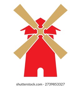 Simple red windmill graphic with beige blades on white background