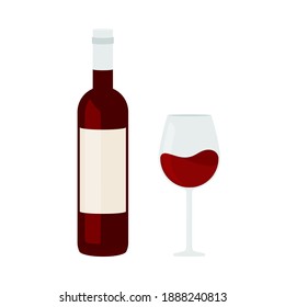 Simple red wine bottle and wine glass in vector