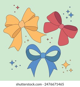 Simple red, yellow and blue bows and yellow sparkles. Decoration for girls, hair care, for gift, present boxes and clothes. Cartoon flat vector illustration	