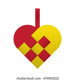 Simple red yellow braided christmas heart shaped vector illustration.