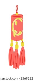 Simple red and yellow Chinese lantern with decorative tassels and traditional floral design. Vector hand drawn illustration isolated on white background. Chinese New Year item