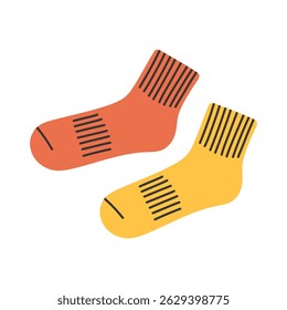 Simple red and yellow socks. Knitted socks cozy winter wear flat Illustration Clipart isolated. Print ready scalable graphic design elements for stickers, posters, postcard, wall art decoration