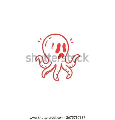 Simple red-outlined cartoon octopus with an expressive face, appearing slightly frightened or surprised