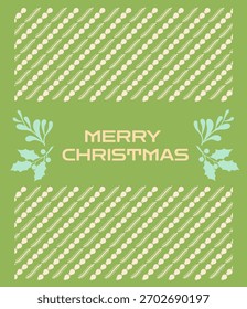 A simple and refreshing minimalist greeting card with "MERRY CHRISTMAS" text set against a background of thin, diagonal green and white stripes. Ideal for clean and modern holiday branding.
