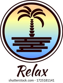 Simple relax summer logo. Palm tree icon. Rainbow backdrop. Colorful isolated vector illustration