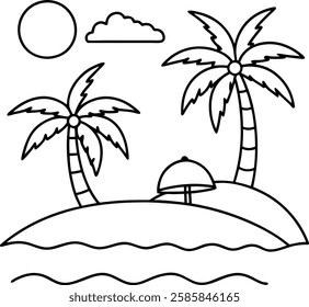 Simple and relaxing beach coloring page with palm trees, sun, and ocean waves