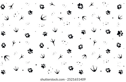 Simple Repeat Pattern with Animal Tracks, Paw, Monochrome, Veterinary, Cute, Black, Vector