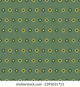 Simple repeat pattern of circles and squares in green, yellow, black, and white.