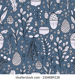 Simple repeatable background with leaves and acorns. Fall seamless pattern. 