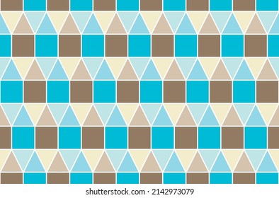 Simple repeating geometric vector pattern of triangles and squares in a 3d steps effect in white outline with fill colors of shades of blue and brown