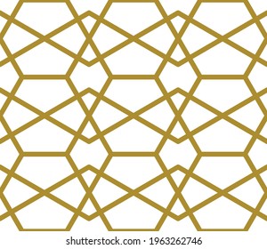 Simple repeating hexagon pattern with crossing lines in thick gold outline color on a white background, geometric vector illustration