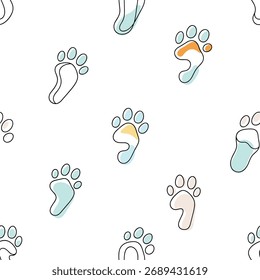A simple repeating pattern of cute abstract footprints in pastel colors.