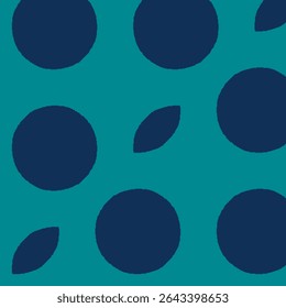 A simple, repeating pattern featuring large, dark blue circles and smaller, dark blue, leaf like shapes against a solid teal background.