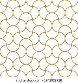 Simple repeating pattern in gold color of connected and crossing semi-circle outlines in symmetry on a white background, geometric vector illustration
