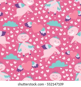 Simple repeating seamless pattern with Cupid, hearts and cloud illustration for Valentines Day