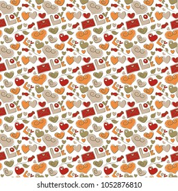 Simple repeating texture with chaotic hearts, rose flower, love letter and text in brown, white and beige colors. Stylish hipster texture. Vector seamless pattern.