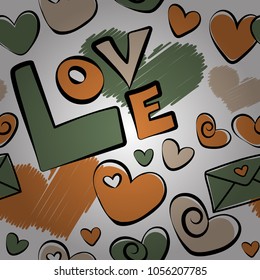 Simple repeating texture with chaotic hearts, love letter and text in green, orange and white colors. Stylish hipster texture. Vector seamless pattern.