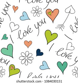 Simple repeating texture with chaotic hearts, chamomile flower and text in white, green and black colors. Stylish hipster texture. Vector seamless pattern.