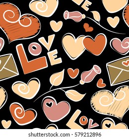 Simple repeating texture with chaotic hearts, love letter and text in beige, pink and orange colors. Stylish hipster texture on a black background. Vector seamless pattern.
