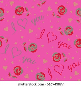 Simple repeating texture with chaotic hearts, rose flower, and text. Stylish hipster texture on a pink background. Cute vector seamless pattern.