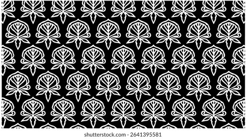 Simple repetitive fan leaf pattern in black and white, perfect for wallpapers, backgrounds, and decor.