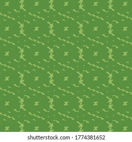 Simple repetitive pattern consisting of broken meanders and various small patches and signs. Green rug texture. Wool jersey with floral and geometric elements.