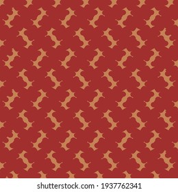 Simple repetitive pattern, made of abstract signs with spikes and twisted ends. Textile design in dark red and beige.