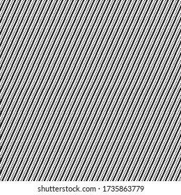 Simple repetitive pattern with serrated stripes and rows of dots. Oblique striped background. Drawing in black and white.
