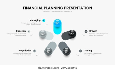Simple Report 5 Element Diagram Slideshow Template. Marketing Development Slide Layout Vector Illustration. Minimal Insight Five Option Infographic Presentation Design.