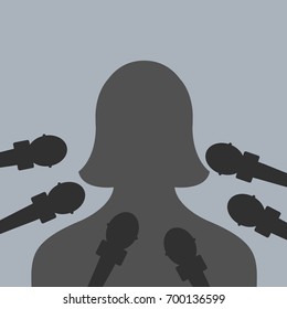simple reporter or presenter with many mic, microphone or mike vector cartoon. interview flat design isolated