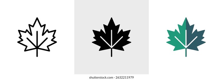 Simple representation featuring a maple leaf shown in three versions line, filled, and color gradient. Isolated on a white background offering variety.