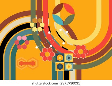 Simple retro 70s background. Groovy abstract 1970s art template. Minimalistic Vintage striped design poster. Old-fashioned rainbow color artwork.