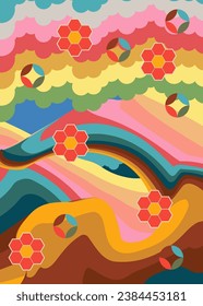 Simple retro 70s background. Groovy abstract 1970s art template. Buzy Vintage design poster. Old-fashioned rainbow color artwork.