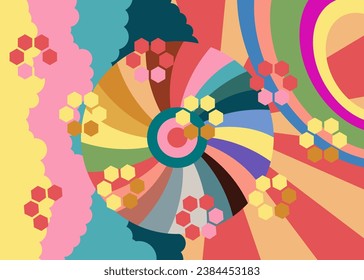 Einfache Retro-70er-Jahre-Hintergrund. Groovy abstrakte Kunstvorlage aus den 70er Jahren. Buzy Vintage Design Poster. Altmodische Regenbogen-Farbkunst.