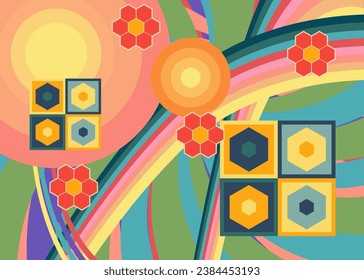 Simple retro 70s background. Groovy abstract 1970s art template. Buzy Vintage design poster. Old-fashioned rainbow color artwork.